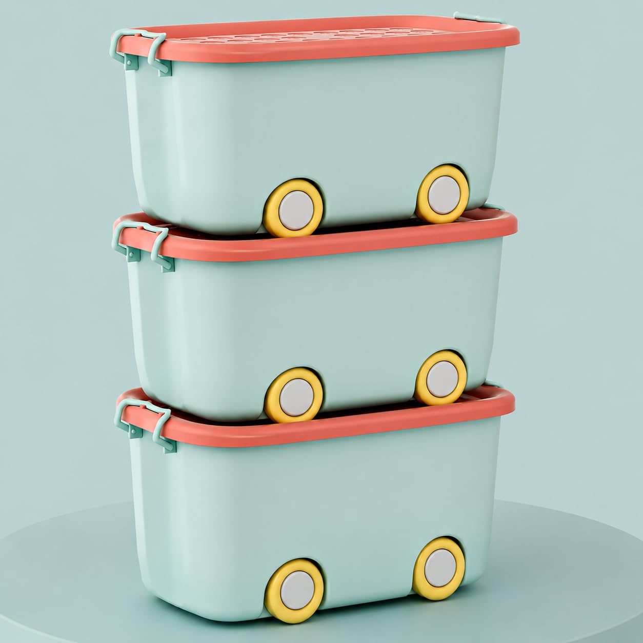 JD FRESH 25 Litre Rolling Toy Storage Box/Colorful Car-Shaped Kids Toy Storage Organizer/Large Size Plastic Storage Box with Wheels & Handle/Stackable Storage Container Box (Pack of 3, Multicolor)
