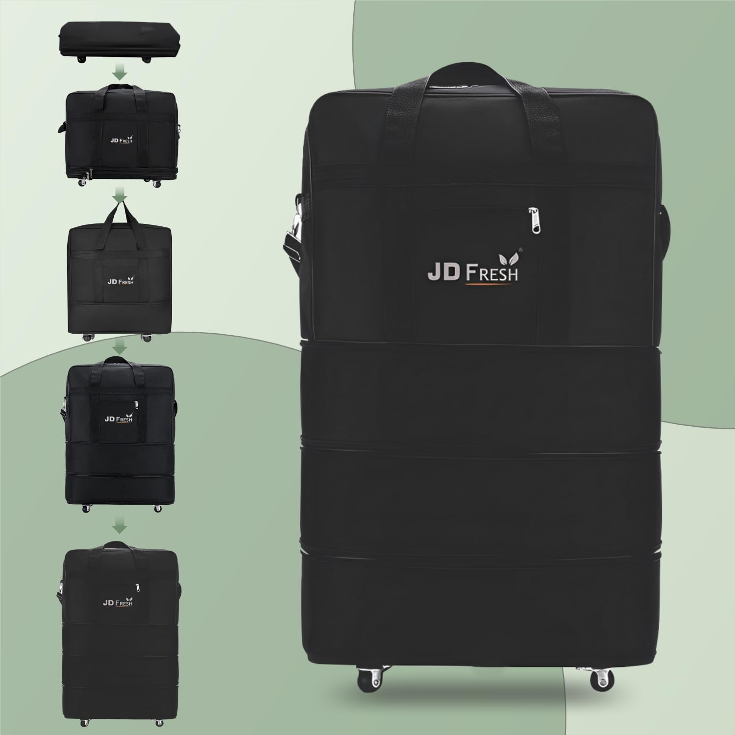 JD FRESH 3 Layer Expandable Duffle Bags/78 cm Nylon Convertible Travel Luggage with Wheels/Waterproof Traveling Bag for Clothes/Foldable and Extendable Duffle Luggages for Men and Women - Black