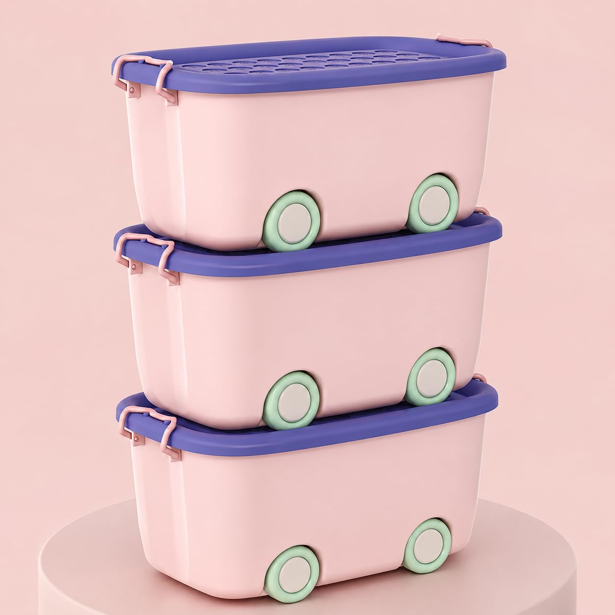JD FRESH 25 Litre Rolling Toy Storage Box/Colorful Car-Shaped Kids Toy Storage Organizer/Large Size Plastic Storage Box with Wheels & Handle/Stackable Storage Container Box (Pack of 3, Multicolor)