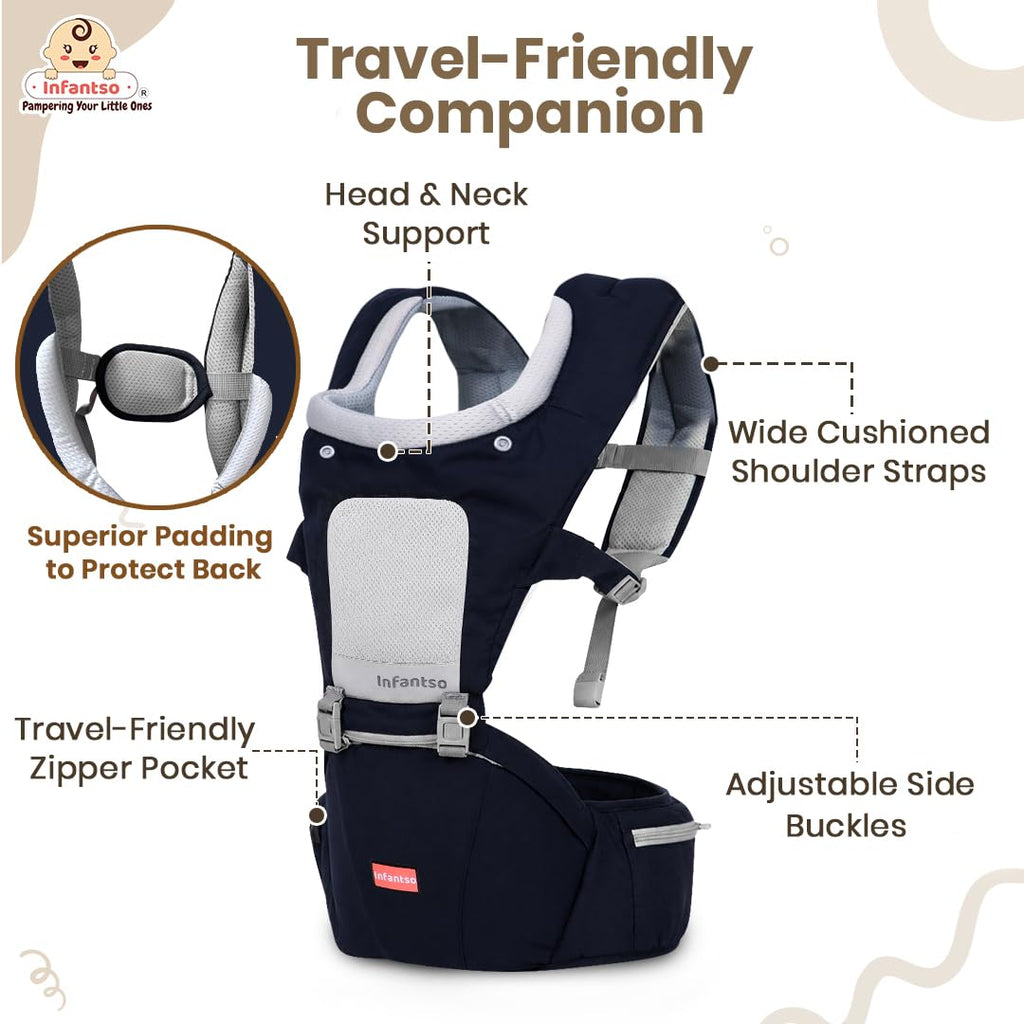 Infantso Premium Hip Seat Baby Carrier with 6 Adjustable Carry Positions, Carrier for 0 to 3 years Baby with Hip Seat, Kangaroo Style Bag, Baby carrying Bag for Newborn to Toddler, Weight upto 15kgs (Blue&Grey)
