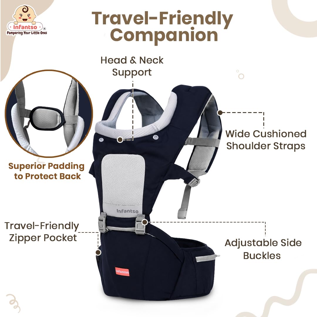 Infantso Premium Hip Seat Baby Carrier with 6 Adjustable Carry Positions, Carrier for 0 to 3 years Baby with Hip Seat, Kangaroo Style Bag, Baby carrying Bag for Newborn to Toddler, Weight upto 15kgs (Blue&Grey)