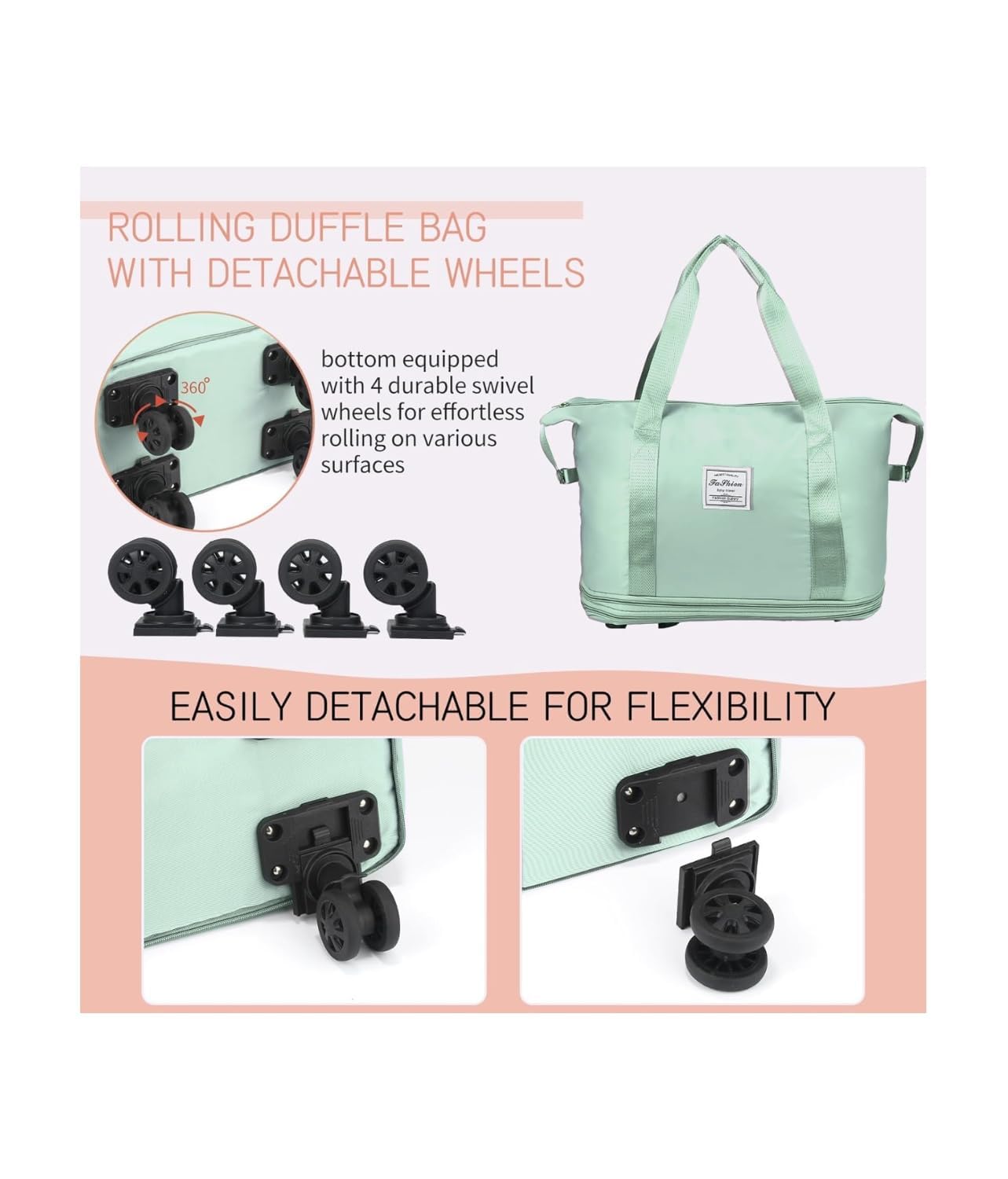 LIGHTNIING HAMMERZ Rolling Duffle Bag with Wheels, Expandable Foldable Duffle Bag with Handle for Travel, Wheeled Travel Luggage Bag Carry on Duffel Bag, Black