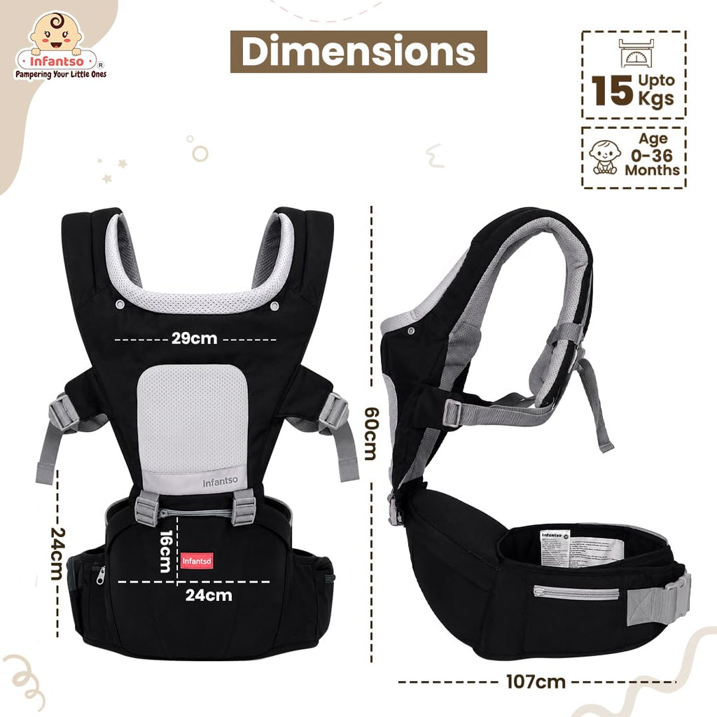 Infantso Premium Hip Seat Baby Carrier with 6 Adjustable Carry Positions, Carrier for 0 to 3 years Baby with Hip Seat, Kangaroo Style Bag, Baby carrying Bag for Newborn to Toddler, Weight upto 15kgs (Blue&Grey)