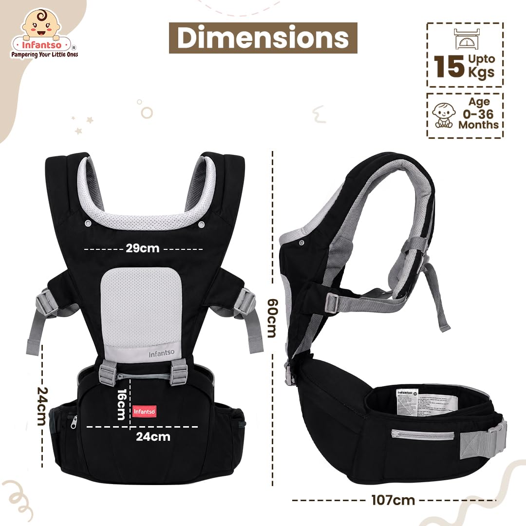 Infantso Premium Hip Seat Baby Carrier with 6 Adjustable Carry Positions, Carrier for 0 to 3 years Baby with Hip Seat, Kangaroo Style Bag, Baby carrying Bag for Newborn to Toddler, Weight upto 15kgs (Blue&Grey)