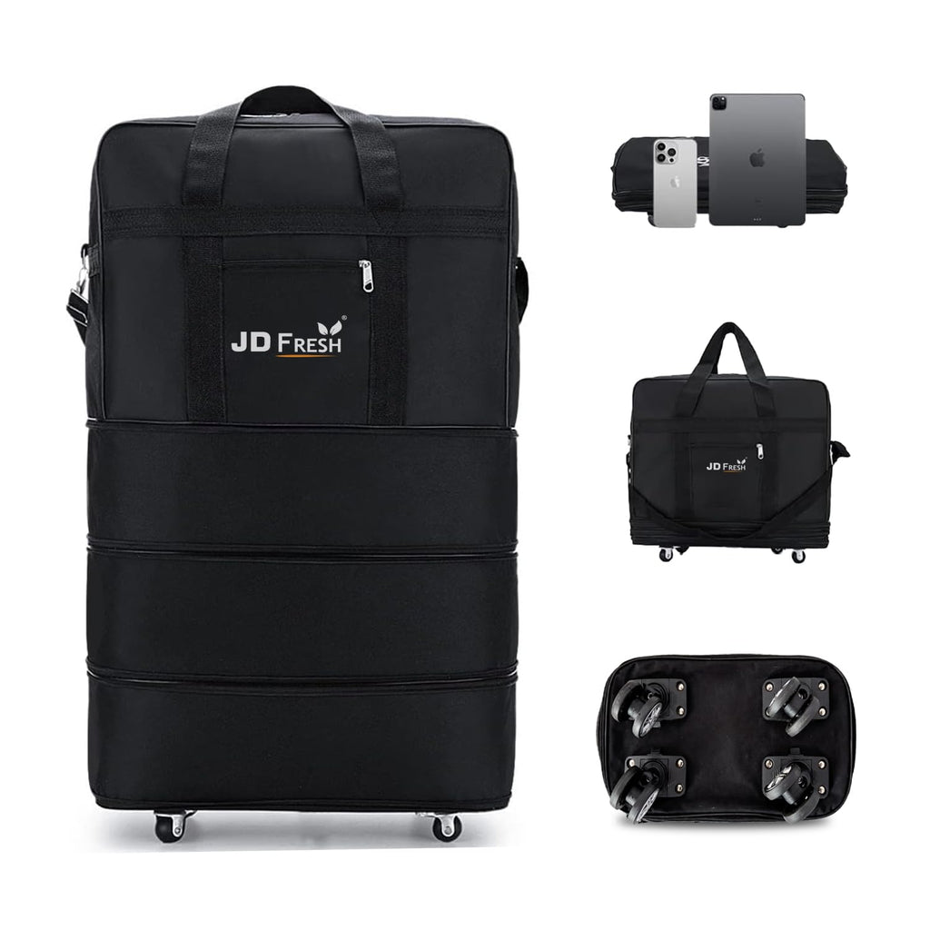 JD FRESH 3 Layer Expandable Duffle Bags/78 cm Nylon Convertible Travel Luggage with Wheels/Waterproof Traveling Bag for Clothes/Foldable and Extendable Duffle Luggages for Men and Women - Black