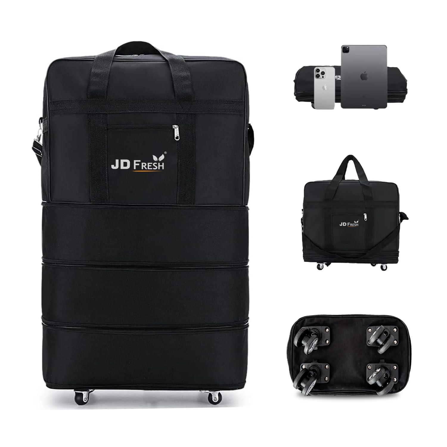JD FRESH 3 Layer Expandable Duffle Bags/78 cm Nylon Convertible Travel Luggage with Wheels/Waterproof Traveling Bag for Clothes/Foldable and Extendable Duffle Luggages for Men and Women - Black