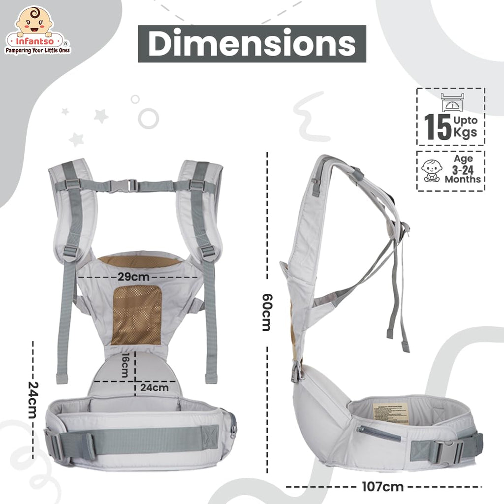 Infantso Premium Hip Seat Baby Carrier with 6 Adjustable Carry Positions, Carrier for 0 to 3 years Baby with Hip Seat, Kangaroo Style Bag, Baby carrying Bag for Newborn to Toddler, Weight upto 15kgs (Blue&Grey)