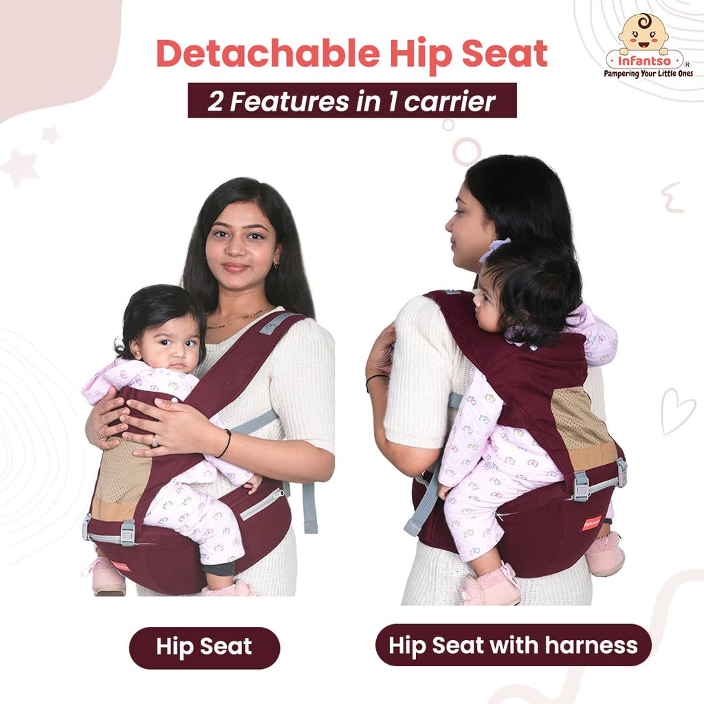 Infantso Premium Hip Seat Baby Carrier with 6 Adjustable Carry Positions, Carrier for 0 to 3 years Baby with Hip Seat, Kangaroo Style Bag, Baby carrying Bag for Newborn to Toddler, Weight upto 15kgs (Blue&Grey)