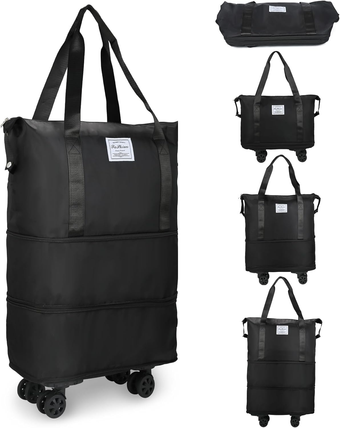 LIGHTNIING HAMMERZ Rolling Duffle Bag with Wheels, Expandable Foldable Duffle Bag with Handle for Travel, Wheeled Travel Luggage Bag Carry on Duffel Bag, Black