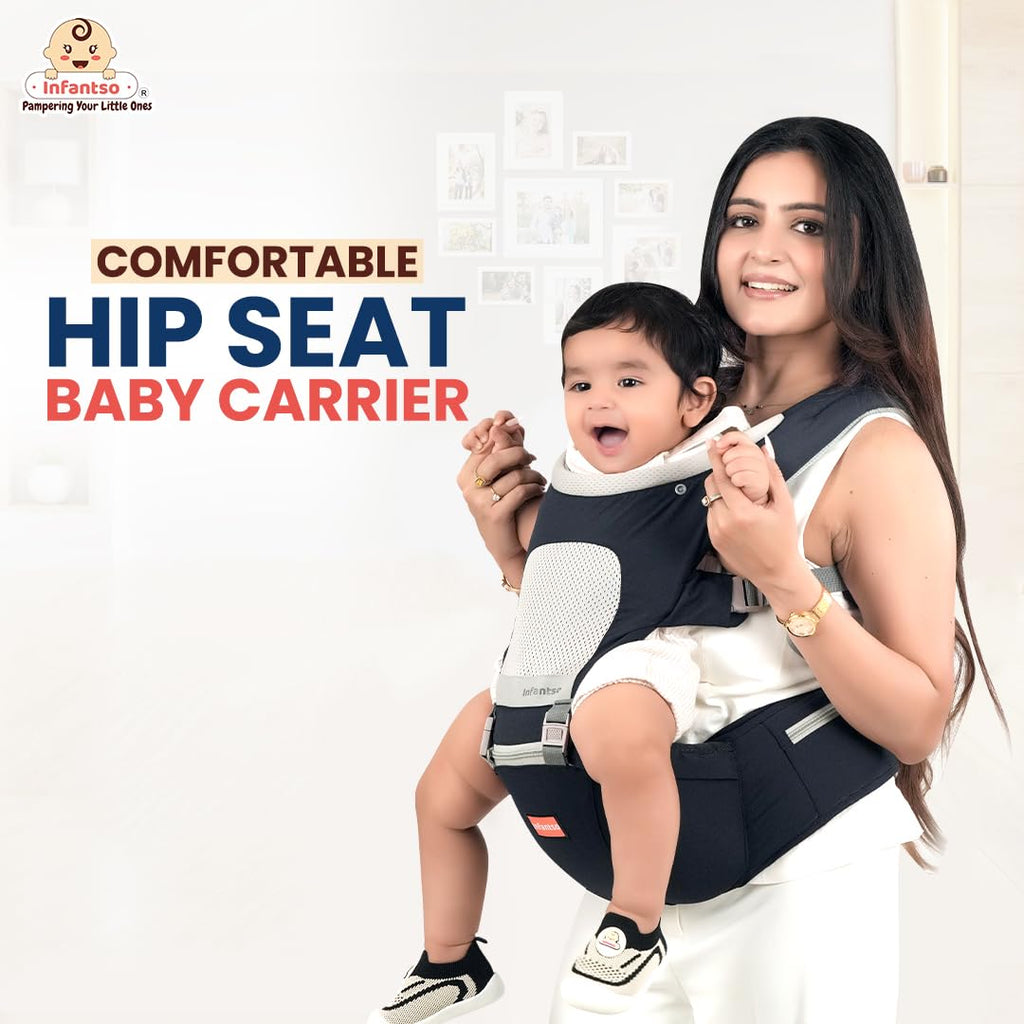 Infantso Premium Hip Seat Baby Carrier with 6 Adjustable Carry Positions, Carrier for 0 to 3 years Baby with Hip Seat, Kangaroo Style Bag, Baby carrying Bag for Newborn to Toddler, Weight upto 15kgs (Blue&Grey)