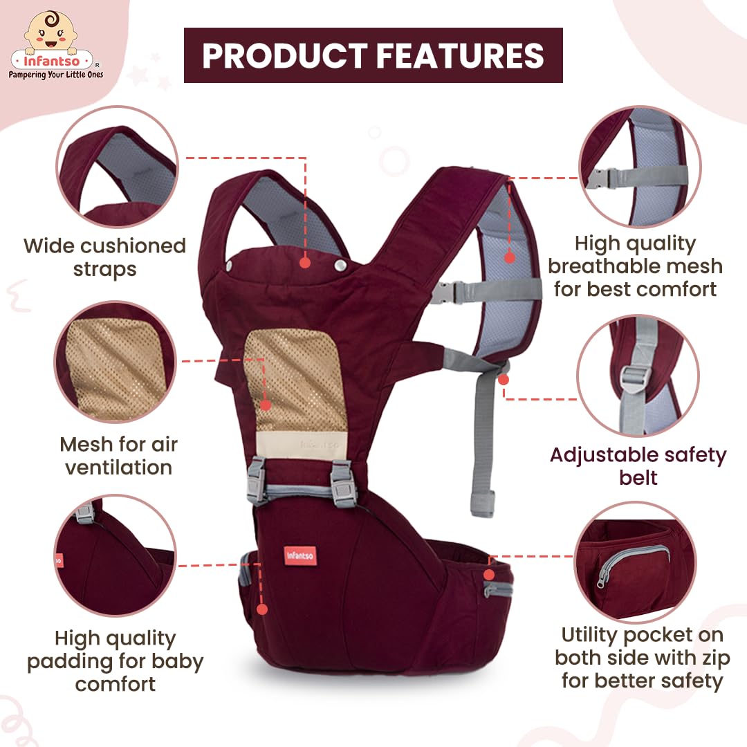 Infantso Premium Hip Seat Baby Carrier with 6 Adjustable Carry Positions, Carrier for 0 to 3 years Baby with Hip Seat, Kangaroo Style Bag, Baby carrying Bag for Newborn to Toddler, Weight upto 15kgs (Blue&Grey)