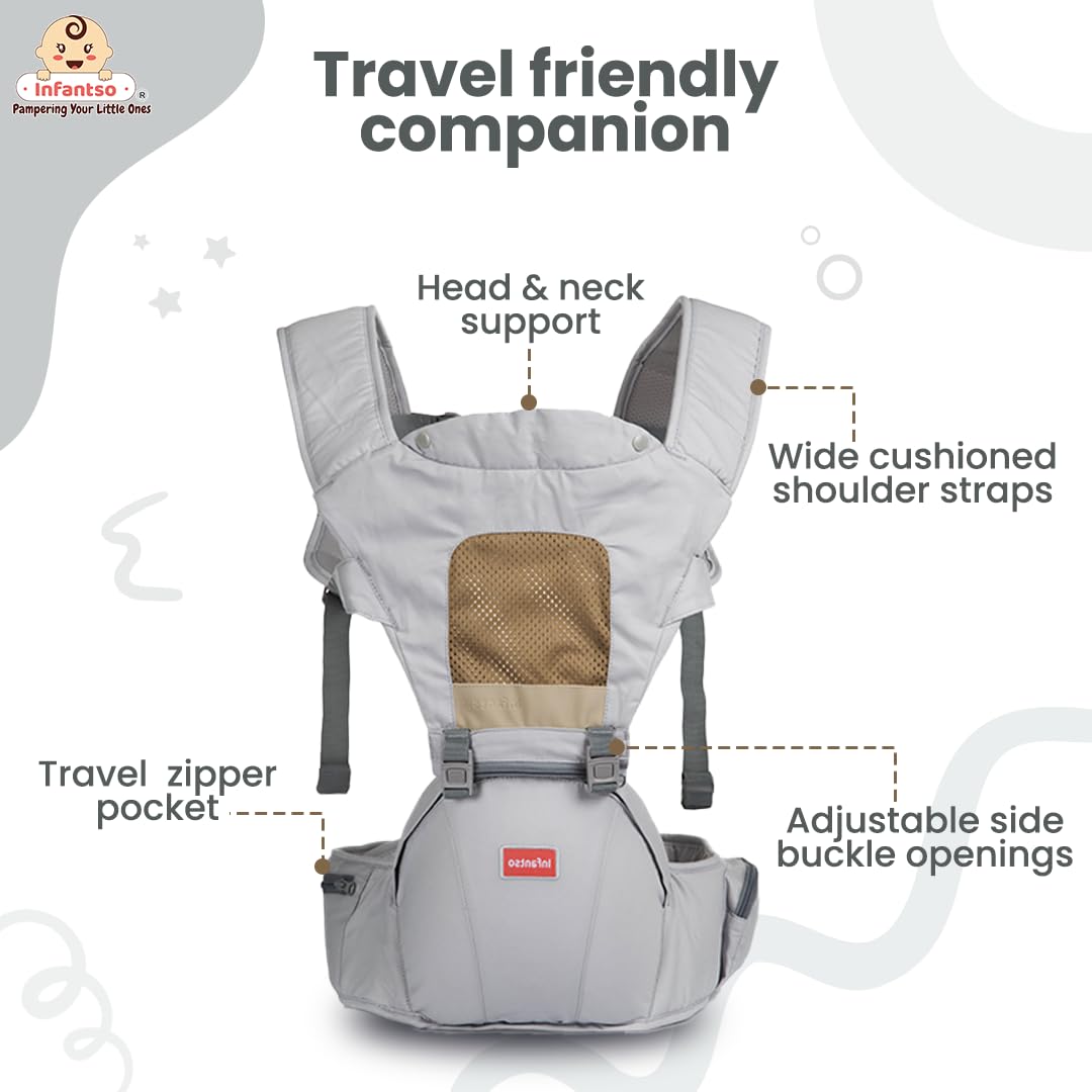 Infantso Premium Hip Seat Baby Carrier with 6 Adjustable Carry Positions, Carrier for 0 to 3 years Baby with Hip Seat, Kangaroo Style Bag, Baby carrying Bag for Newborn to Toddler, Weight upto 15kgs (Blue&Grey)