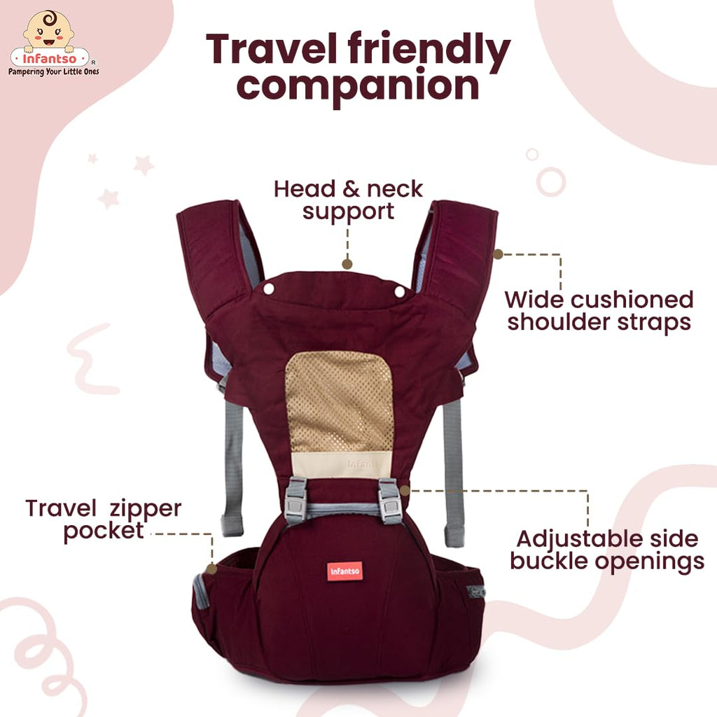 Infantso Premium Hip Seat Baby Carrier with 6 Adjustable Carry Positions, Carrier for 0 to 3 years Baby with Hip Seat, Kangaroo Style Bag, Baby carrying Bag for Newborn to Toddler, Weight upto 15kgs (Blue&Grey)