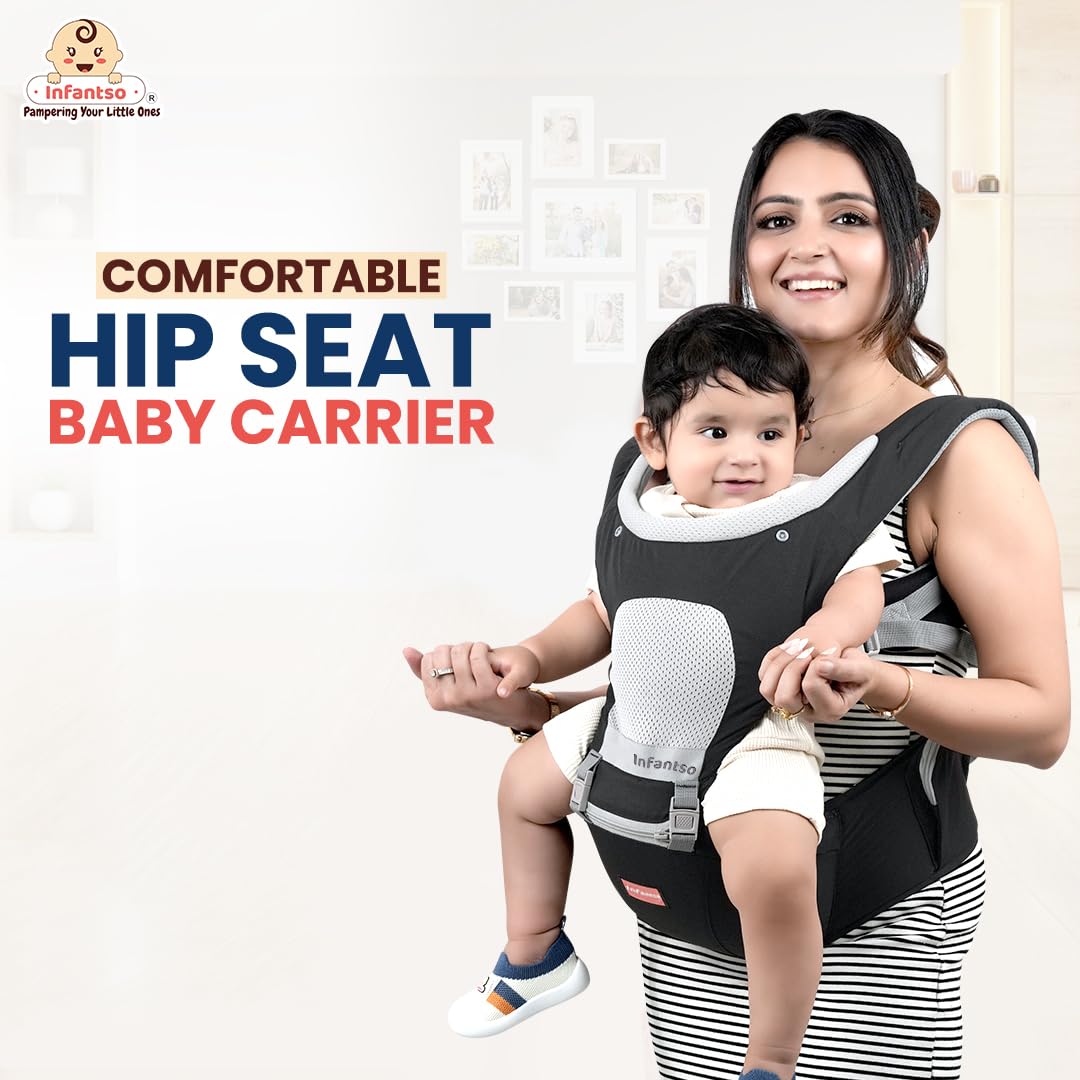 Infantso Premium Hip Seat Baby Carrier with 6 Adjustable Carry Positions, Carrier for 0 to 3 years Baby with Hip Seat, Kangaroo Style Bag, Baby carrying Bag for Newborn to Toddler, Weight upto 15kgs (Blue&Grey)