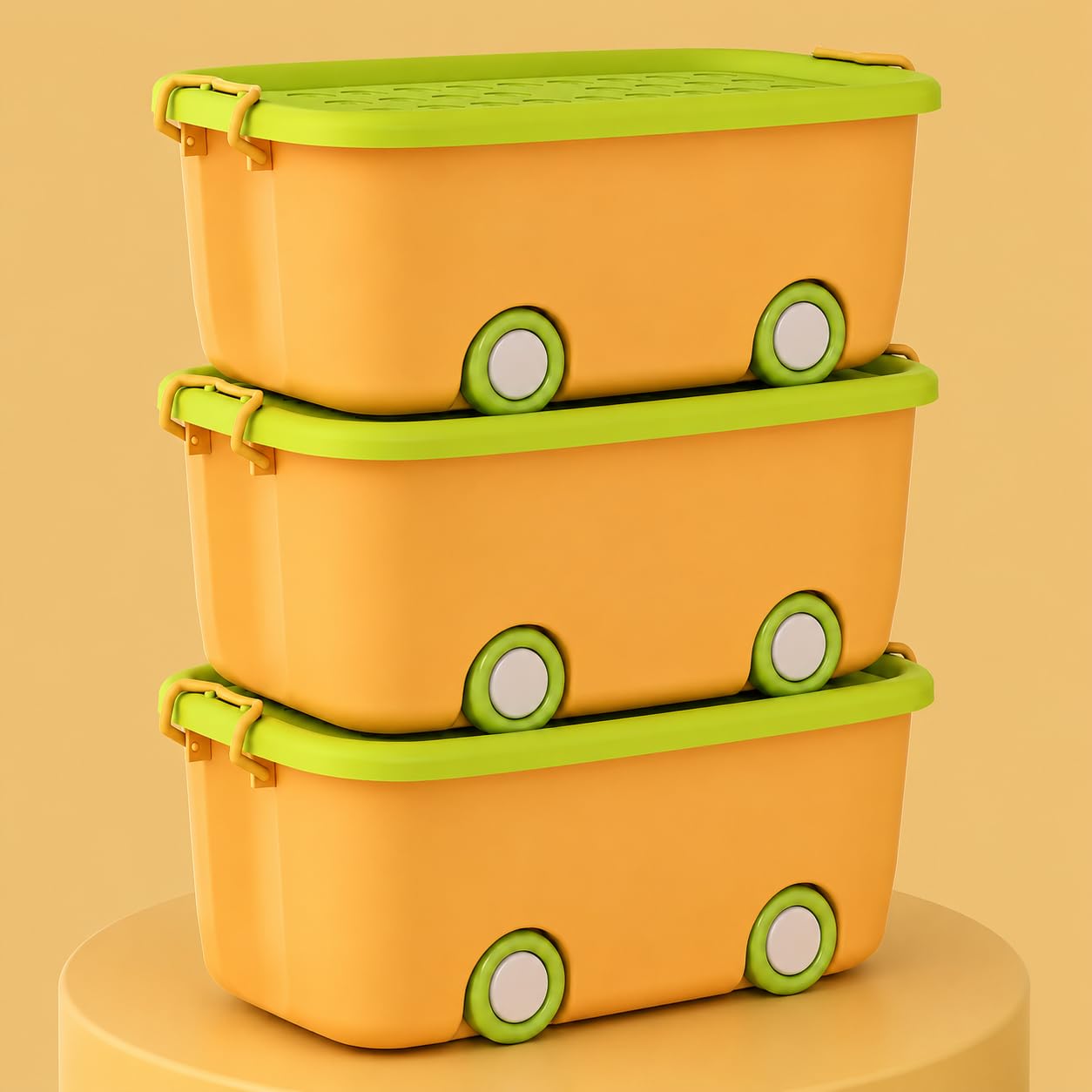 JD FRESH 25 Litre Rolling Toy Storage Box/Colorful Car-Shaped Kids Toy Storage Organizer/Large Size Plastic Storage Box with Wheels & Handle/Stackable Storage Container Box (Pack of 3, Multicolor)