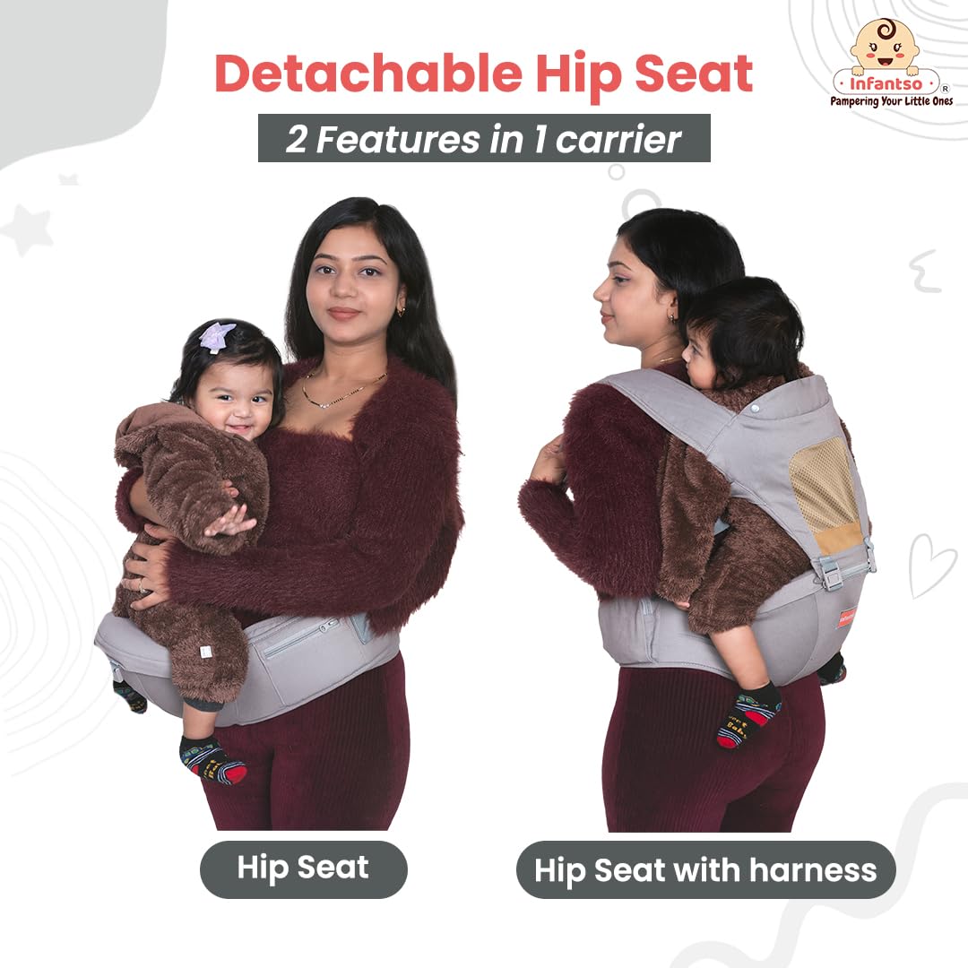 Infantso Premium Hip Seat Baby Carrier with 6 Adjustable Carry Positions, Carrier for 0 to 3 years Baby with Hip Seat, Kangaroo Style Bag, Baby carrying Bag for Newborn to Toddler, Weight upto 15kgs (Blue&Grey)