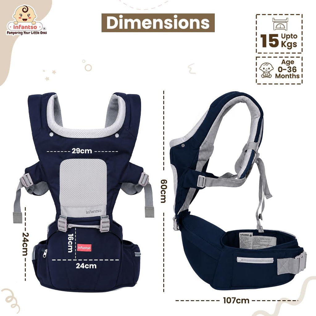 Infantso Premium Hip Seat Baby Carrier with 6 Adjustable Carry Positions, Carrier for 0 to 3 years Baby with Hip Seat, Kangaroo Style Bag, Baby carrying Bag for Newborn to Toddler, Weight upto 15kgs (Blue&Grey)