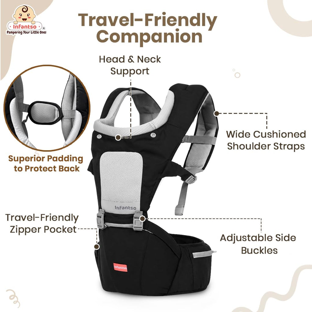 Infantso Premium Hip Seat Baby Carrier with 6 Adjustable Carry Positions, Carrier for 0 to 3 years Baby with Hip Seat, Kangaroo Style Bag, Baby carrying Bag for Newborn to Toddler, Weight upto 15kgs (Blue&Grey)