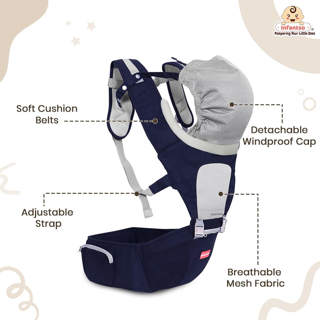 Infantso Premium Hip Seat Baby Carrier with 6 Adjustable Carry Positions, Carrier for 0 to 3 years Baby with Hip Seat, Kangaroo Style Bag, Baby carrying Bag for Newborn to Toddler, Weight upto 15kgs (Blue&Grey)