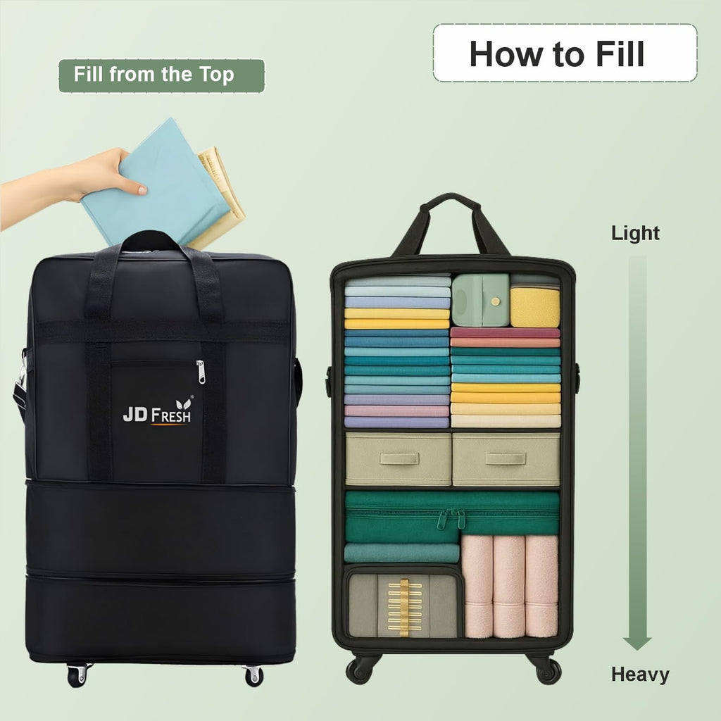 JD FRESH 3 Layer Expandable Duffle Bags/78 cm Nylon Convertible Travel Luggage with Wheels/Waterproof Traveling Bag for Clothes/Foldable and Extendable Duffle Luggages for Men and Women - Black