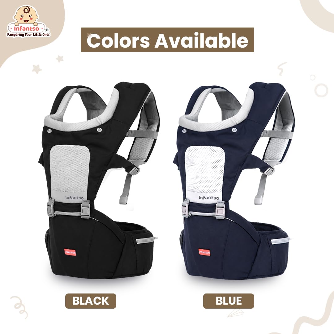 Infantso Premium Hip Seat Baby Carrier with 6 Adjustable Carry Positions, Carrier for 0 to 3 years Baby with Hip Seat, Kangaroo Style Bag, Baby carrying Bag for Newborn to Toddler, Weight upto 15kgs (Blue&Grey)