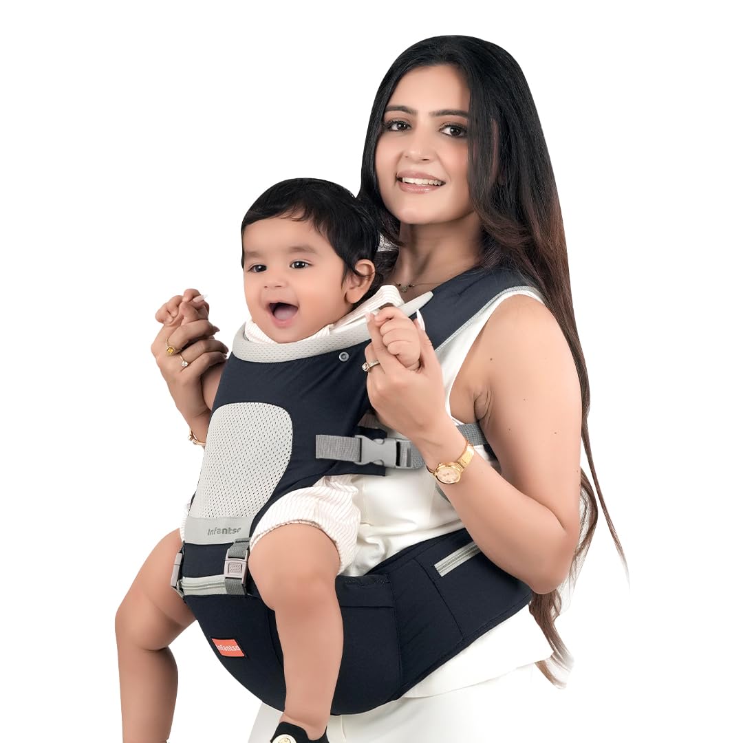 Infantso Premium Hip Seat Baby Carrier with 6 Adjustable Carry Positions, Carrier for 0 to 3 years Baby with Hip Seat, Kangaroo Style Bag, Baby carrying Bag for Newborn to Toddler, Weight upto 15kgs (Blue&Grey)
