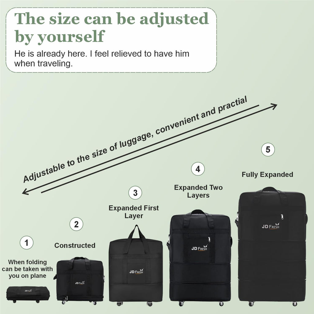 JD FRESH 3 Layer Expandable Duffle Bags/78 cm Nylon Convertible Travel Luggage with Wheels/Waterproof Traveling Bag for Clothes/Foldable and Extendable Duffle Luggages for Men and Women - Black
