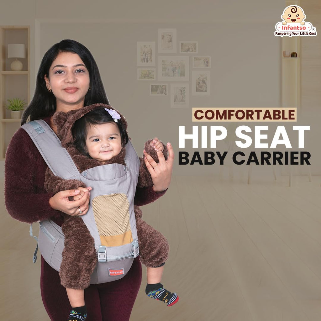 Infantso Premium Hip Seat Baby Carrier with 6 Adjustable Carry Positions, Carrier for 0 to 3 years Baby with Hip Seat, Kangaroo Style Bag, Baby carrying Bag for Newborn to Toddler, Weight upto 15kgs (Blue&Grey)