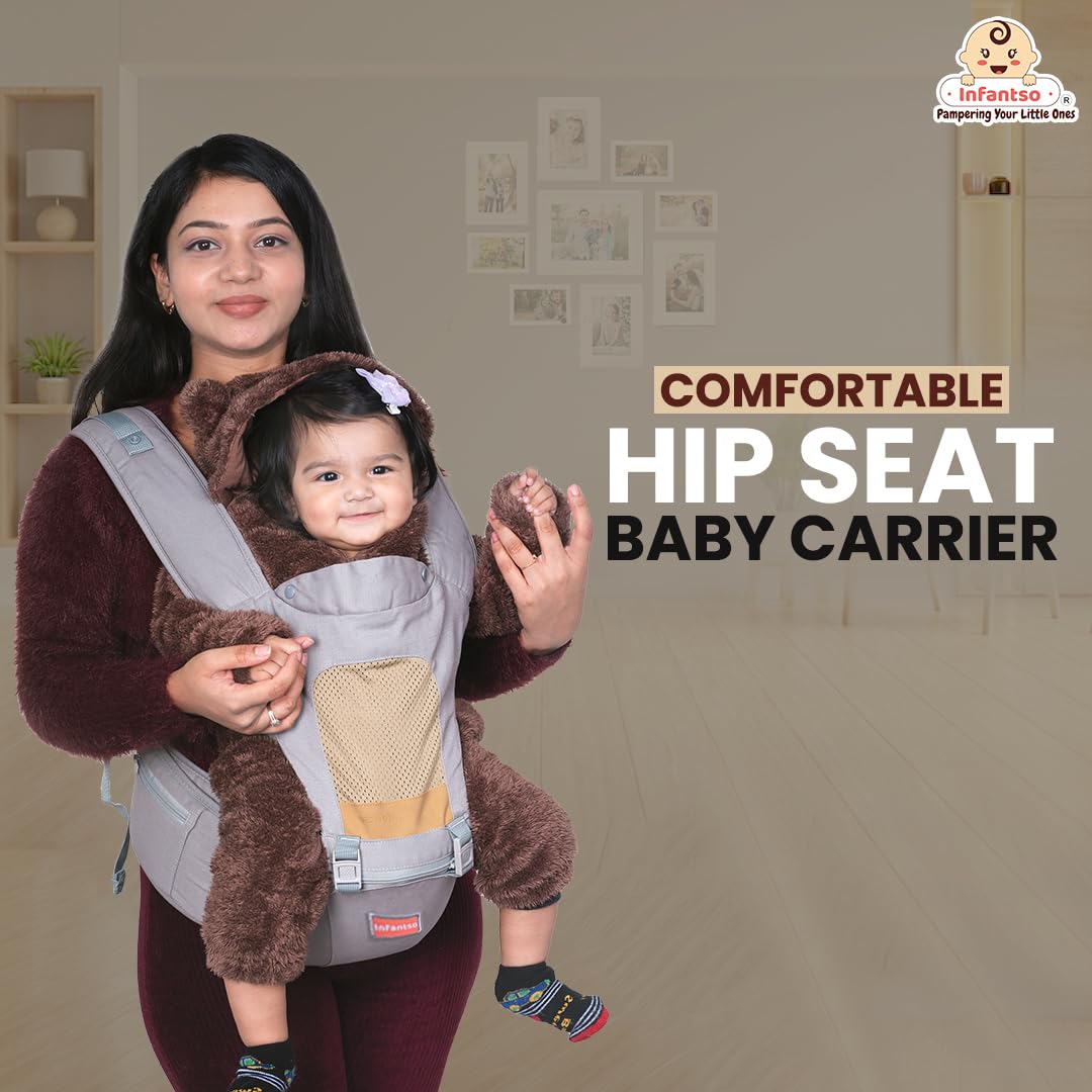 Infantso Premium Hip Seat Baby Carrier with 6 Adjustable Carry Positions, Carrier for 0 to 3 years Baby with Hip Seat, Kangaroo Style Bag, Baby carrying Bag for Newborn to Toddler, Weight upto 15kgs (Blue&Grey)