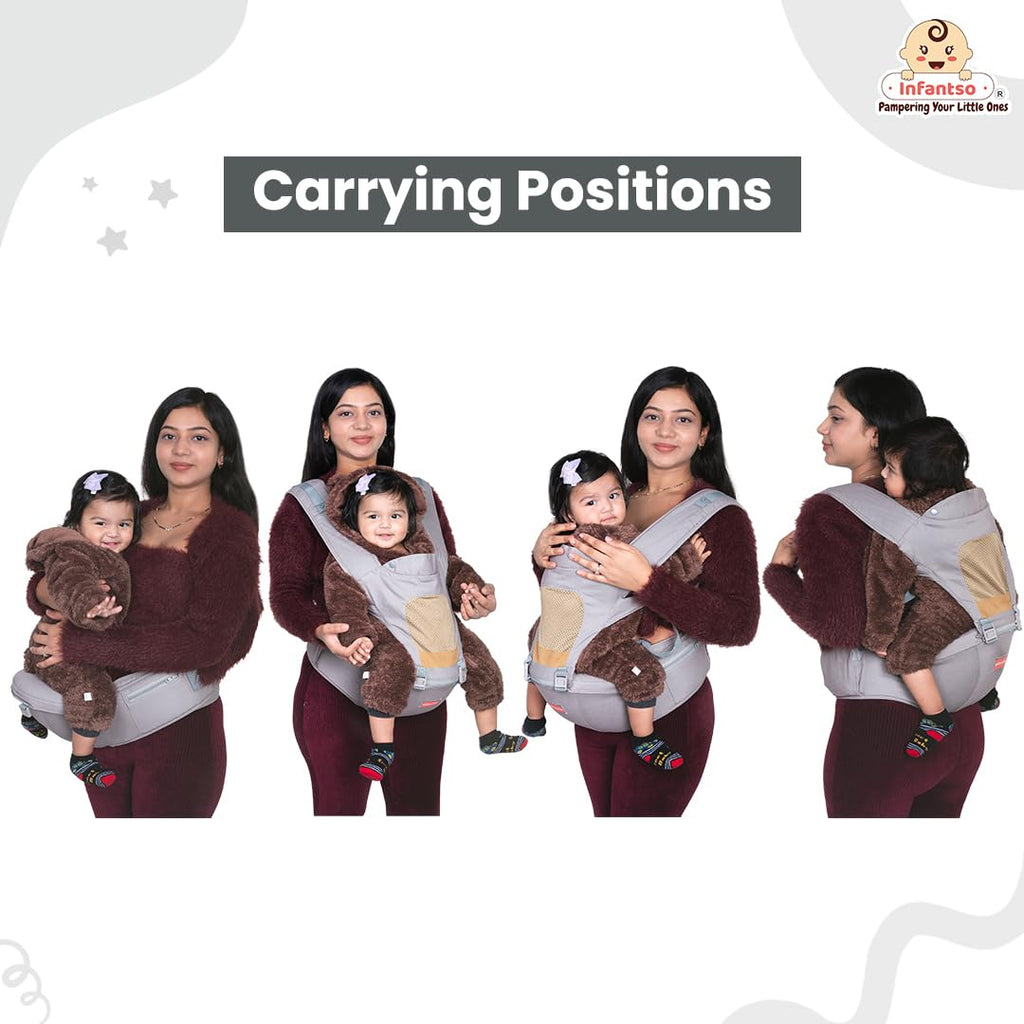 Infantso Premium Hip Seat Baby Carrier with 6 Adjustable Carry Positions, Carrier for 0 to 3 years Baby with Hip Seat, Kangaroo Style Bag, Baby carrying Bag for Newborn to Toddler, Weight upto 15kgs (Blue&Grey)