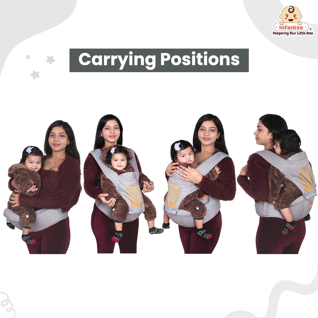 Infantso Premium Hip Seat Baby Carrier with 6 Adjustable Carry Positions, Carrier for 0 to 3 years Baby with Hip Seat, Kangaroo Style Bag, Baby carrying Bag for Newborn to Toddler, Weight upto 15kgs (Blue&Grey)