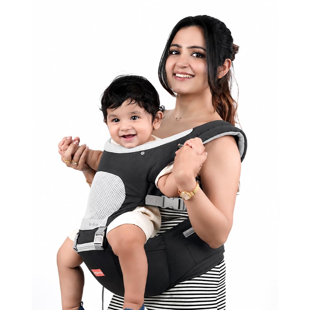 Infantso Premium Hip Seat Baby Carrier with 6 Adjustable Carry Positions, Carrier for 0 to 3 years Baby with Hip Seat, Kangaroo Style Bag, Baby carrying Bag for Newborn to Toddler, Weight upto 15kgs (Blue&Grey)