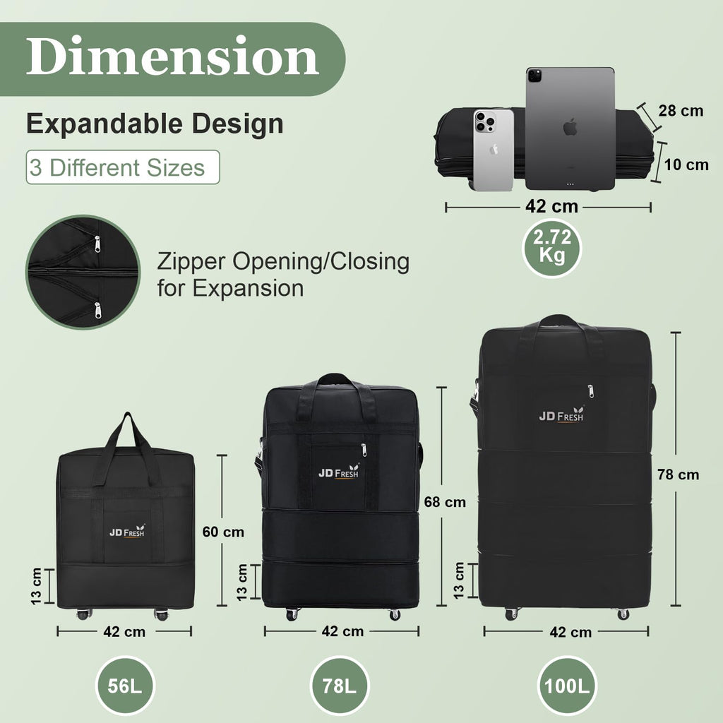 JD FRESH 3 Layer Expandable Duffle Bags/78 cm Nylon Convertible Travel Luggage with Wheels/Waterproof Traveling Bag for Clothes/Foldable and Extendable Duffle Luggages for Men and Women - Black