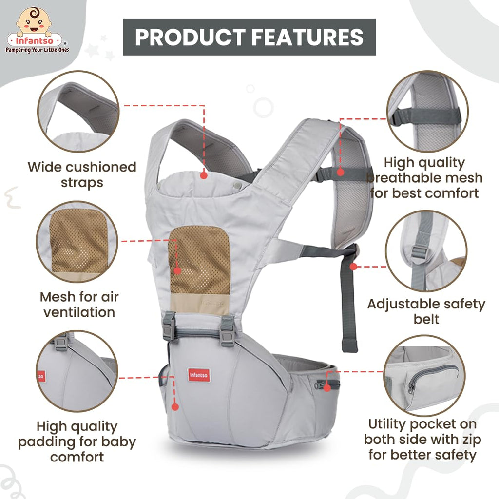 Infantso Premium Hip Seat Baby Carrier with 6 Adjustable Carry Positions, Carrier for 0 to 3 years Baby with Hip Seat, Kangaroo Style Bag, Baby carrying Bag for Newborn to Toddler, Weight upto 15kgs (Blue&Grey)