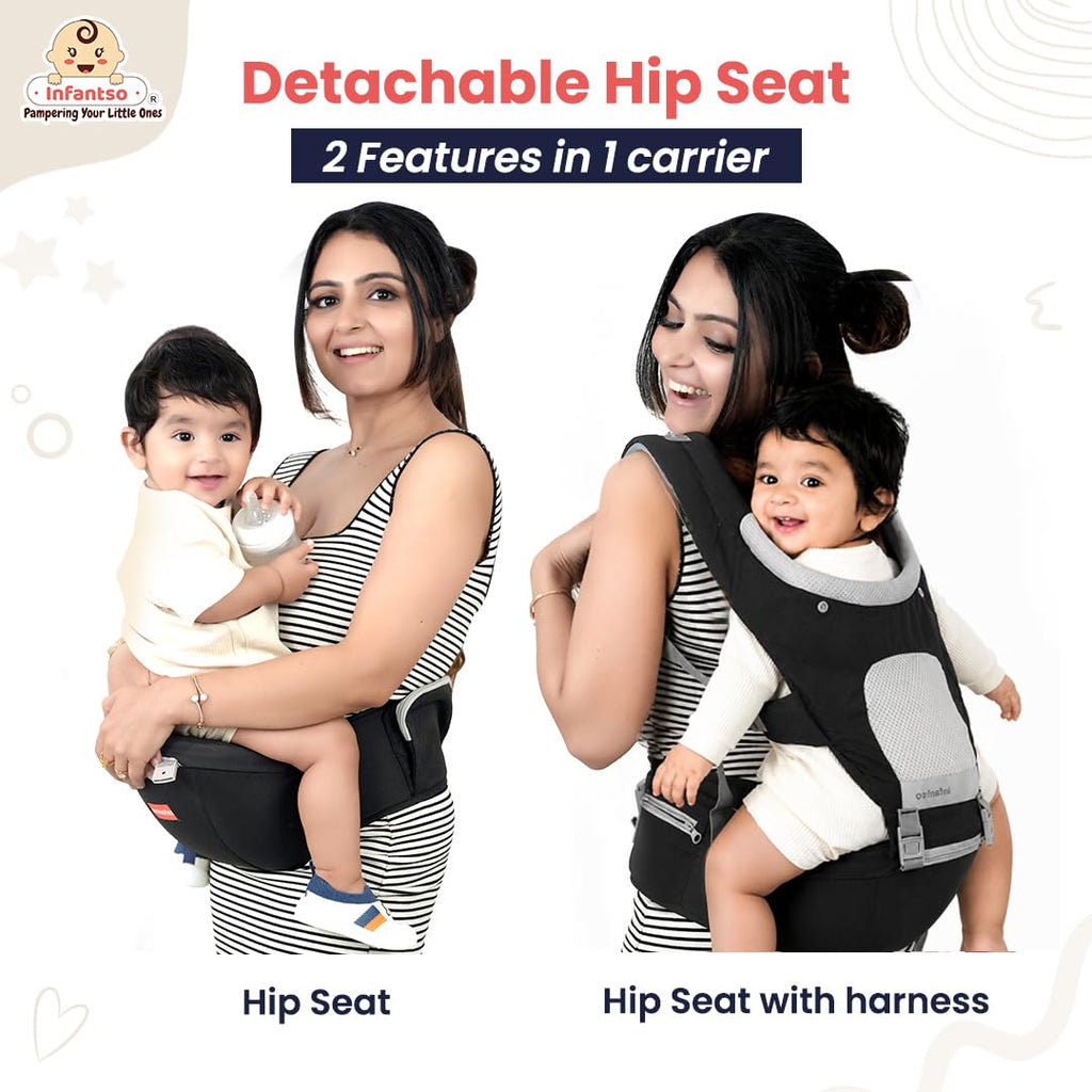 Infantso Premium Hip Seat Baby Carrier with 6 Adjustable Carry Positions, Carrier for 0 to 3 years Baby with Hip Seat, Kangaroo Style Bag, Baby carrying Bag for Newborn to Toddler, Weight upto 15kgs (Blue&Grey)