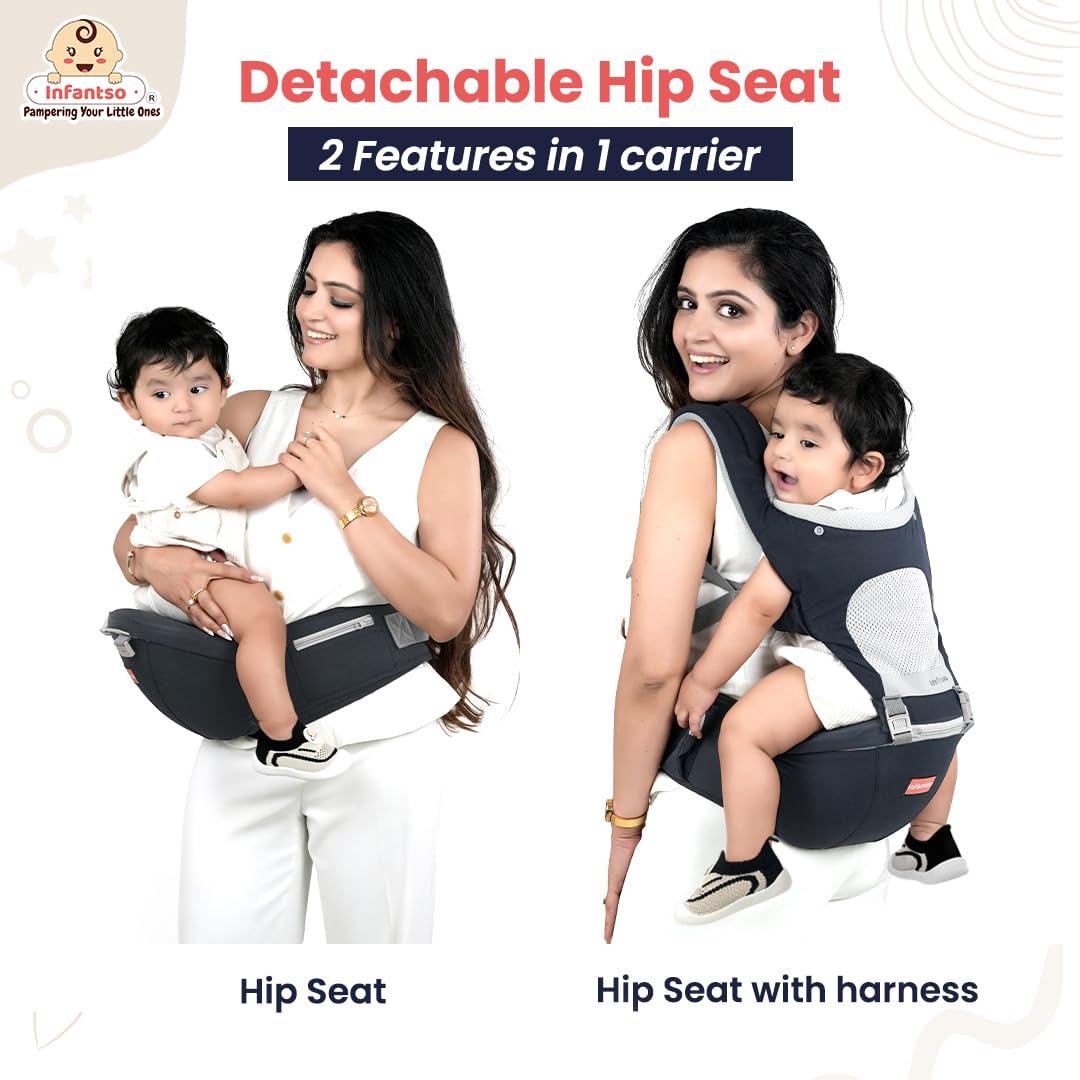 Infantso Premium Hip Seat Baby Carrier with 6 Adjustable Carry Positions, Carrier for 0 to 3 years Baby with Hip Seat, Kangaroo Style Bag, Baby carrying Bag for Newborn to Toddler, Weight upto 15kgs (Blue&Grey)