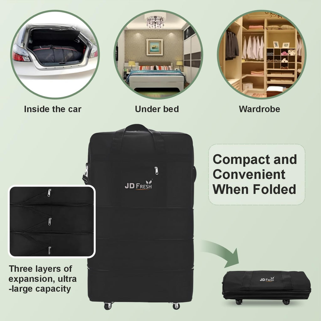 JD FRESH 3 Layer Expandable Duffle Bags/78 cm Nylon Convertible Travel Luggage with Wheels/Waterproof Traveling Bag for Clothes/Foldable and Extendable Duffle Luggages for Men and Women - Black