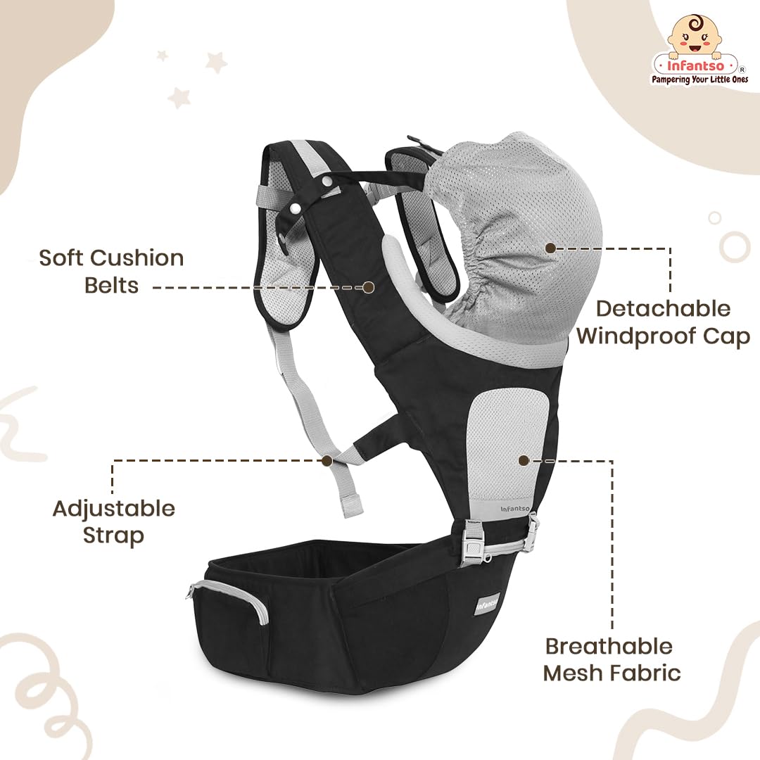 Infantso Premium Hip Seat Baby Carrier with 6 Adjustable Carry Positions, Carrier for 0 to 3 years Baby with Hip Seat, Kangaroo Style Bag, Baby carrying Bag for Newborn to Toddler, Weight upto 15kgs (Blue&Grey)
