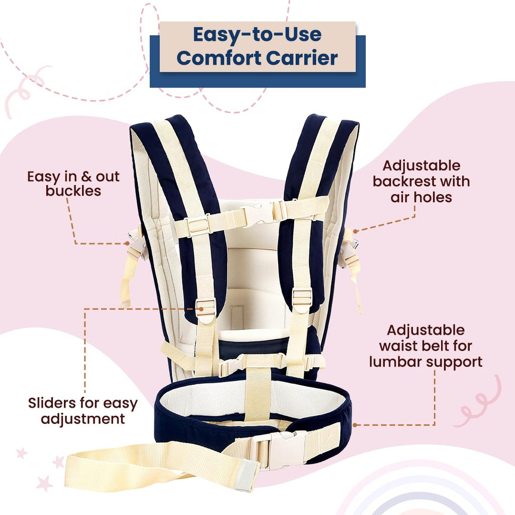 Infantso Premium Hip Seat Baby Carrier with 6 Adjustable Carry Positions, Carrier for 0 to 3 years Baby with Hip Seat, Kangaroo Style Bag, Baby carrying Bag for Newborn to Toddler, Weight upto 15kgs (Blue&Grey)