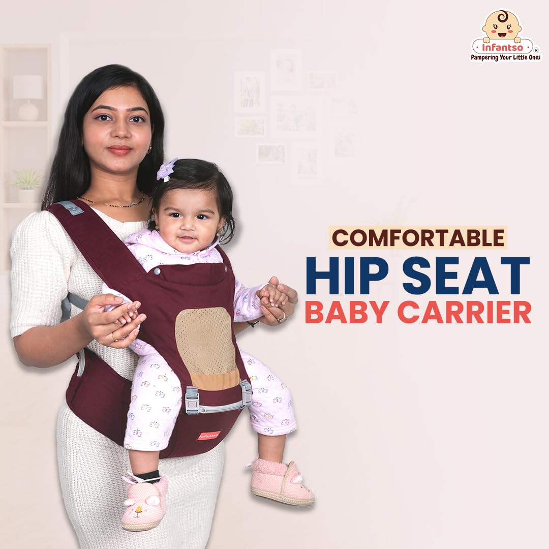 Infantso Premium Hip Seat Baby Carrier with 6 Adjustable Carry Positions, Carrier for 0 to 3 years Baby with Hip Seat, Kangaroo Style Bag, Baby carrying Bag for Newborn to Toddler, Weight upto 15kgs (Blue&Grey)