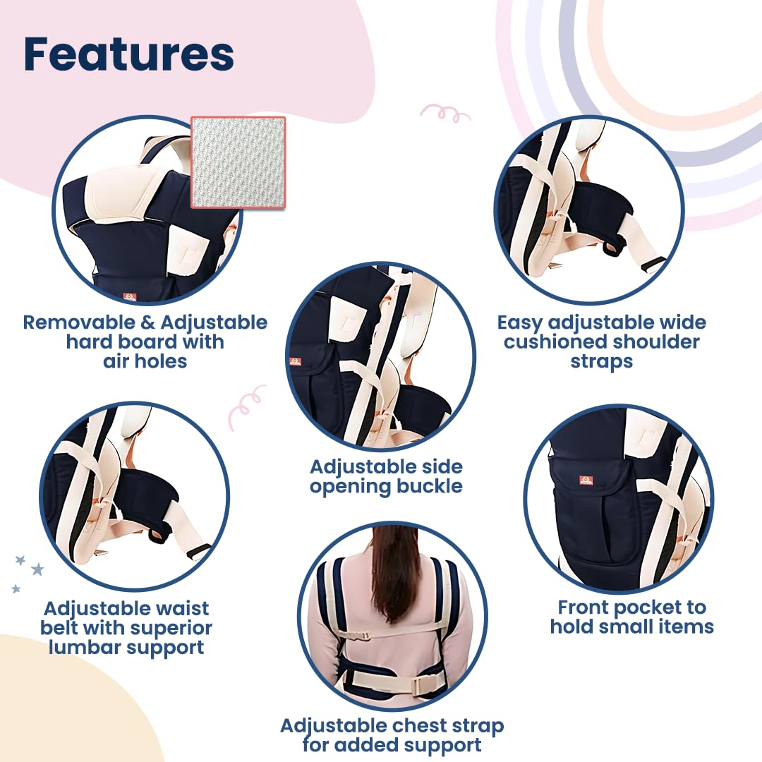 Infantso Premium Hip Seat Baby Carrier with 6 Adjustable Carry Positions, Carrier for 0 to 3 years Baby with Hip Seat, Kangaroo Style Bag, Baby carrying Bag for Newborn to Toddler, Weight upto 15kgs (Blue&Grey)