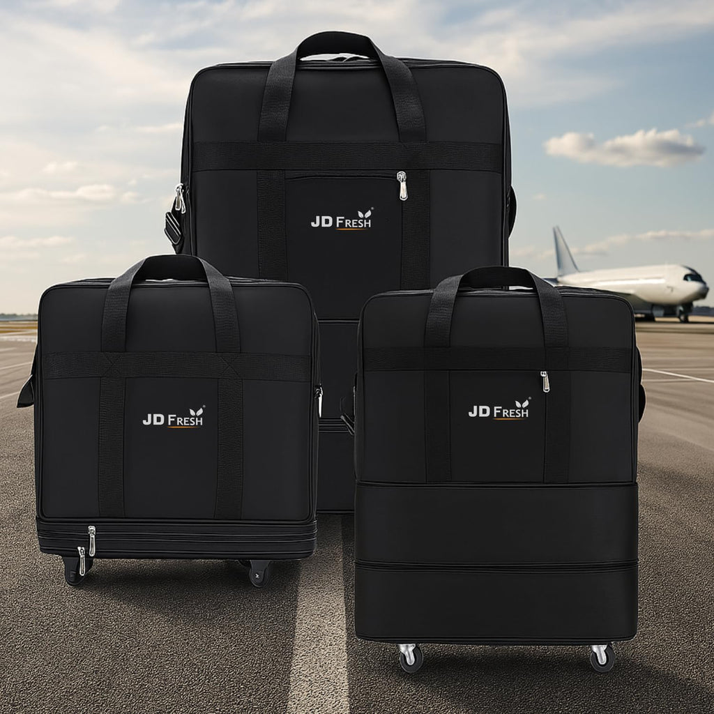 JD FRESH 3 Layer Expandable Duffle Bags/78 cm Nylon Convertible Travel Luggage with Wheels/Waterproof Traveling Bag for Clothes/Foldable and Extendable Duffle Luggages for Men and Women - Black