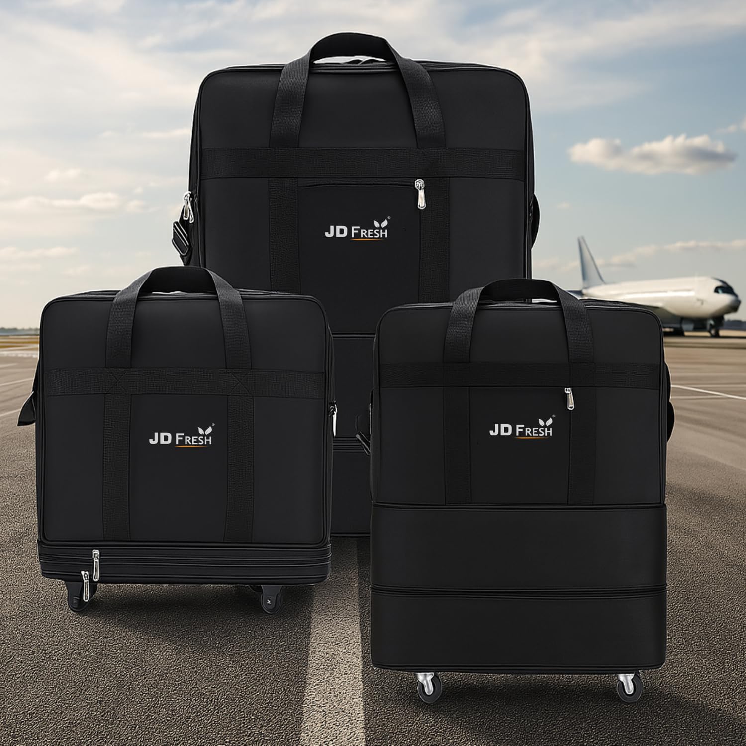 JD FRESH 3 Layer Expandable Duffle Bags/78 cm Nylon Convertible Travel Luggage with Wheels/Waterproof Traveling Bag for Clothes/Foldable and Extendable Duffle Luggages for Men and Women - Black