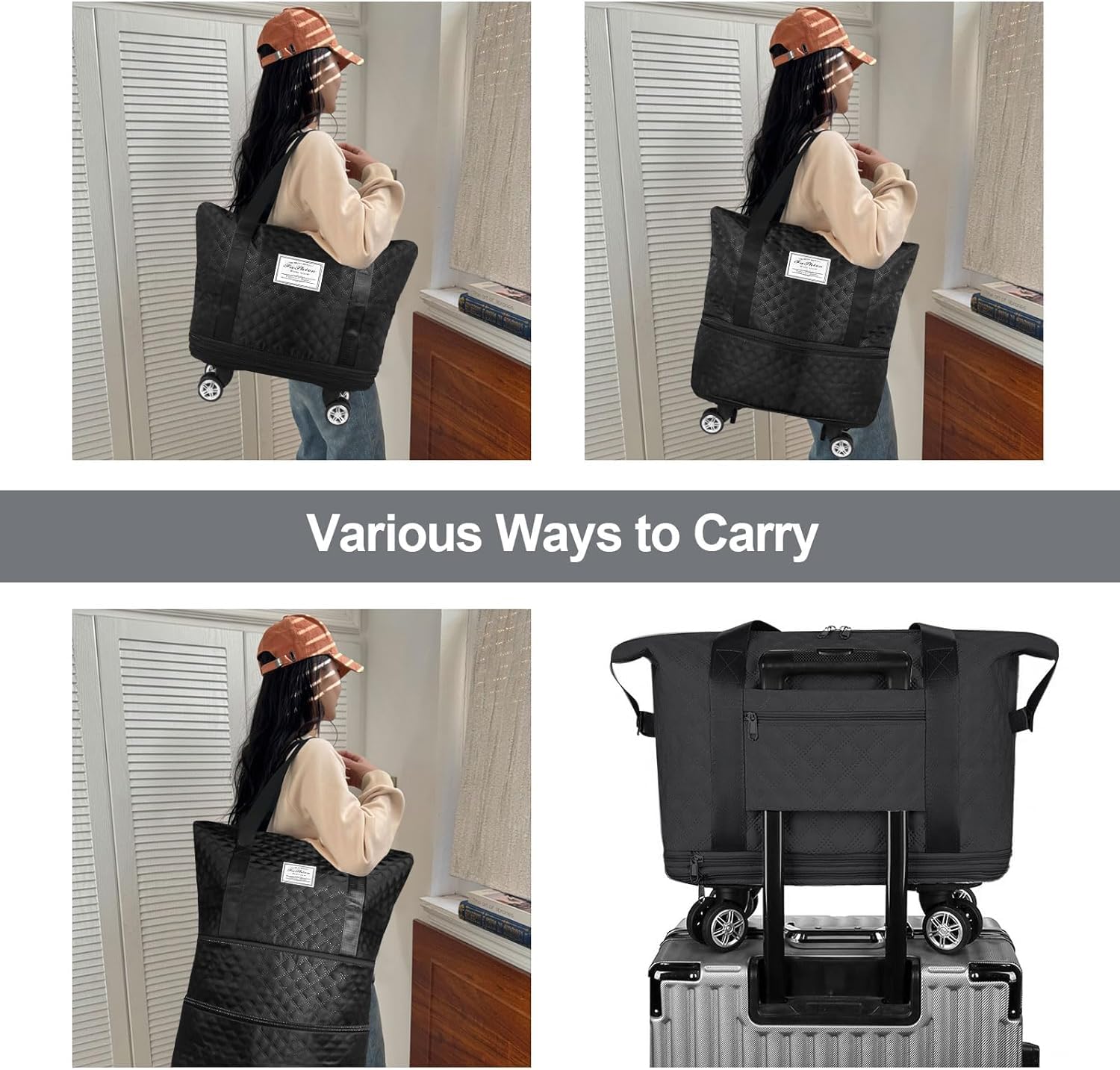 LIGHTNIING HAMMERZ Rolling Duffle Bag with Wheels, Expandable Foldable Duffle Bag with Handle for Travel, Wheeled Travel Luggage Bag Carry on Duffel Bag, Black