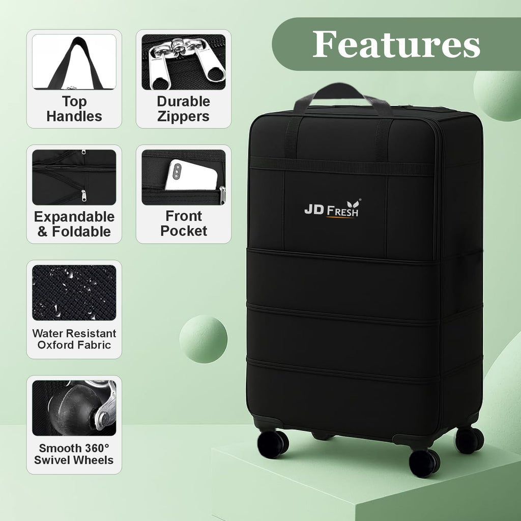 JD FRESH 3 Layer Expandable Duffle Bags/78 cm Nylon Convertible Travel Luggage with Wheels/Waterproof Traveling Bag for Clothes/Foldable and Extendable Duffle Luggages for Men and Women - Black