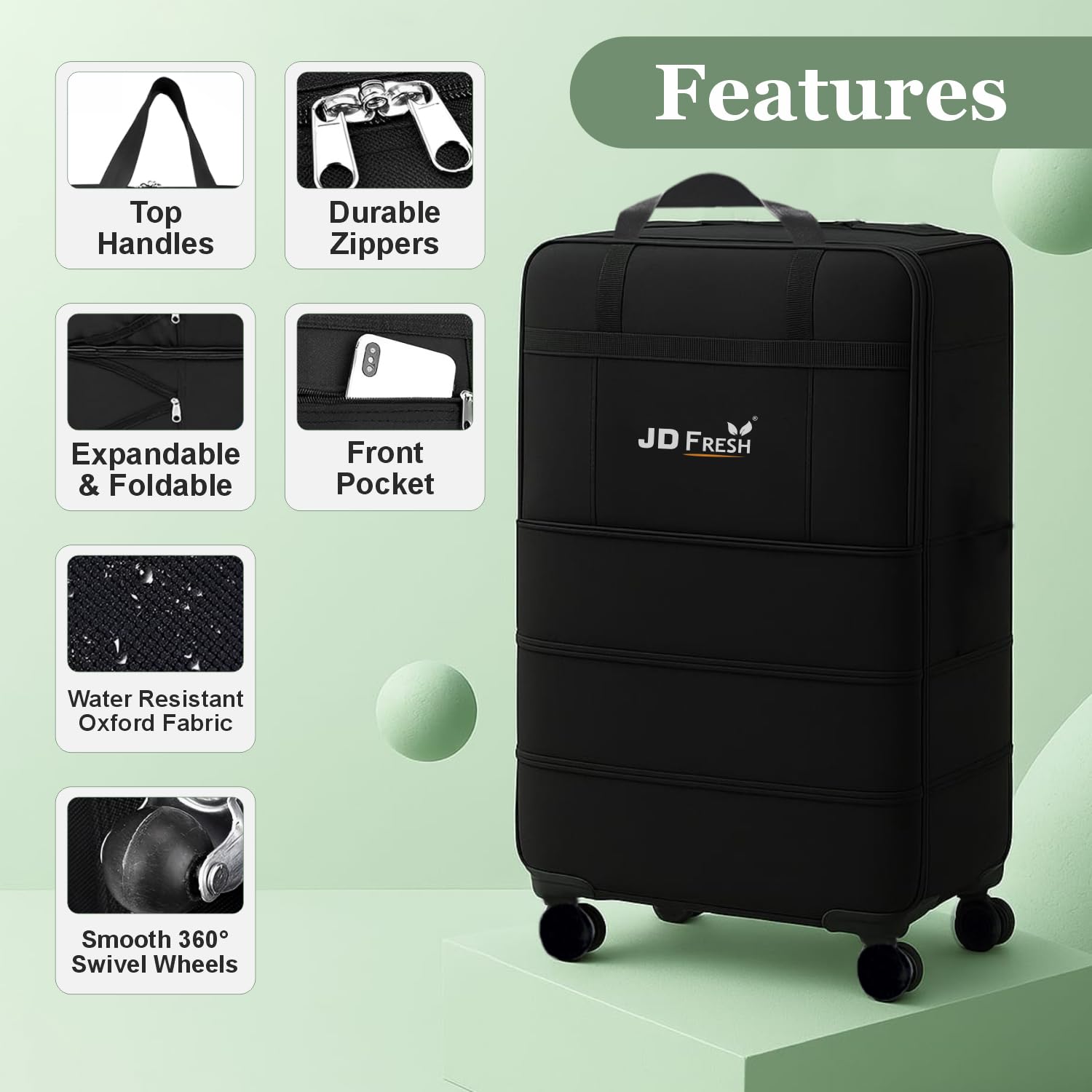 JD FRESH 3 Layer Expandable Duffle Bags/78 cm Nylon Convertible Travel Luggage with Wheels/Waterproof Traveling Bag for Clothes/Foldable and Extendable Duffle Luggages for Men and Women - Black