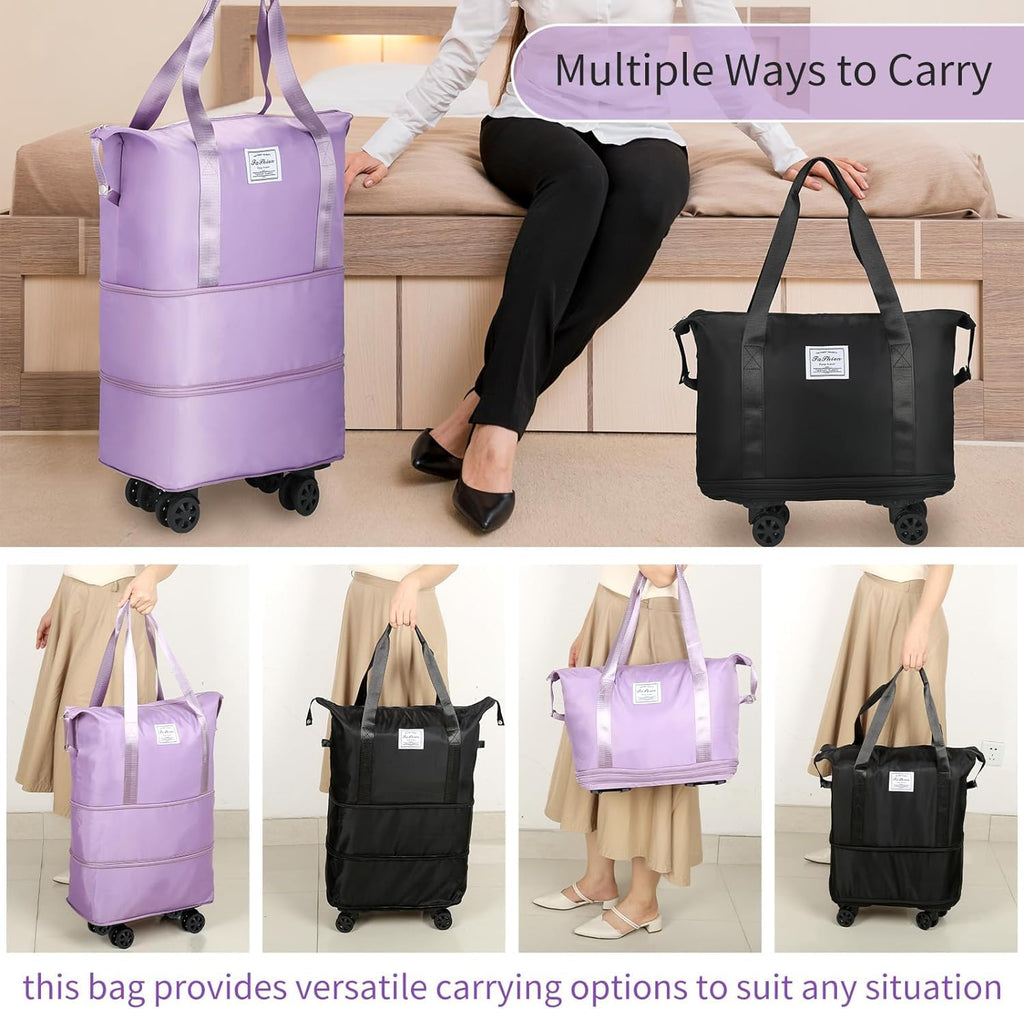 LIGHTNIING HAMMERZ Rolling Duffle Bag with Wheels, Expandable Foldable Duffle Bag with Handle for Travel, Wheeled Travel Luggage Bag Carry on Duffel Bag, Black