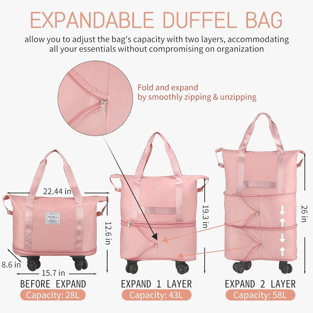 LIGHTNIING HAMMERZ Rolling Duffle Bag with Wheels, Expandable Foldable Duffle Bag with Handle for Travel, Wheeled Travel Luggage Bag Carry on Duffel Bag, Black