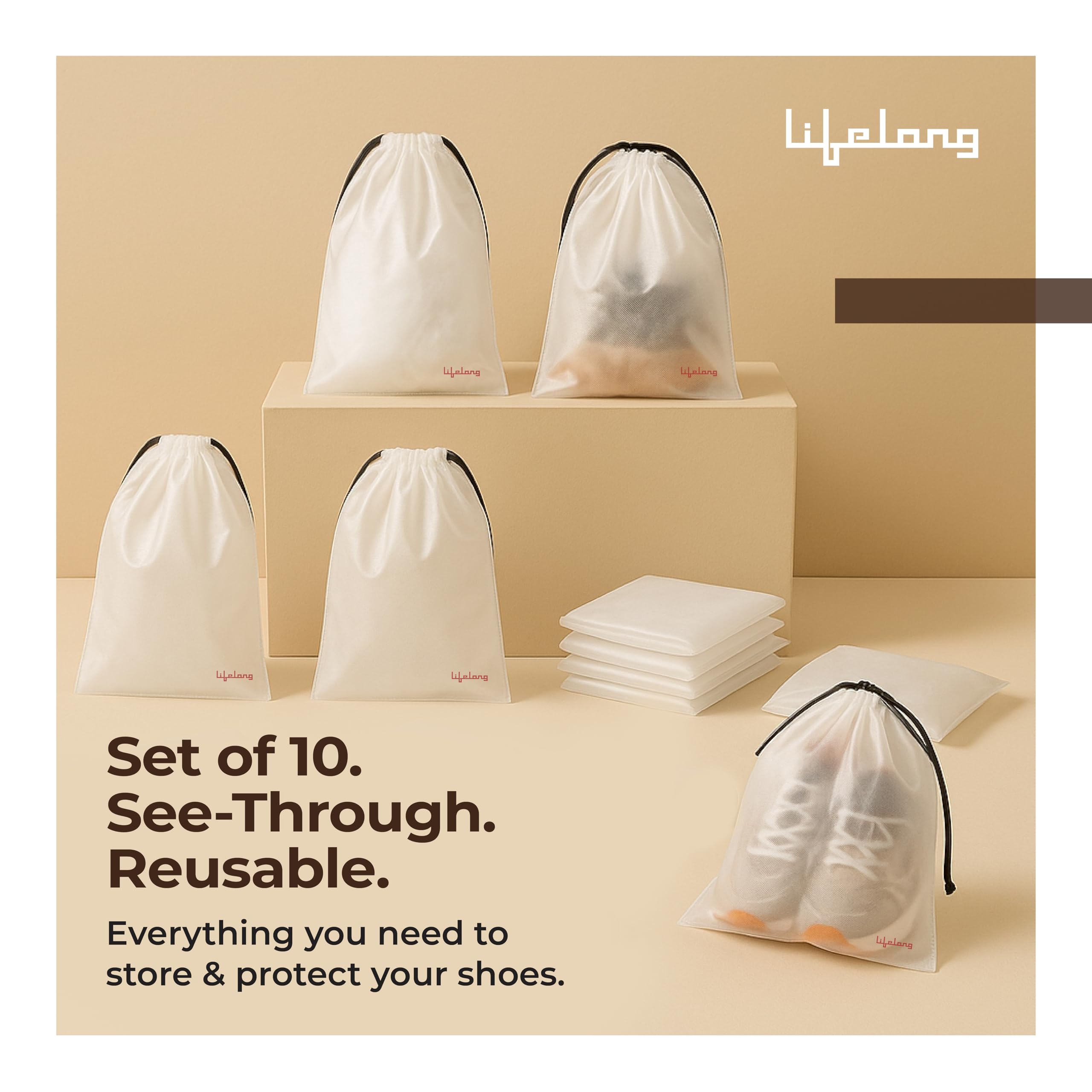 Lifelong Shoe Bags for Travel, Drawstring Travel Shoe Bags for Packing, Dustproof Portable Travel Shoe Storage Bag for Men and Women, Clear, Large, 10 Pack