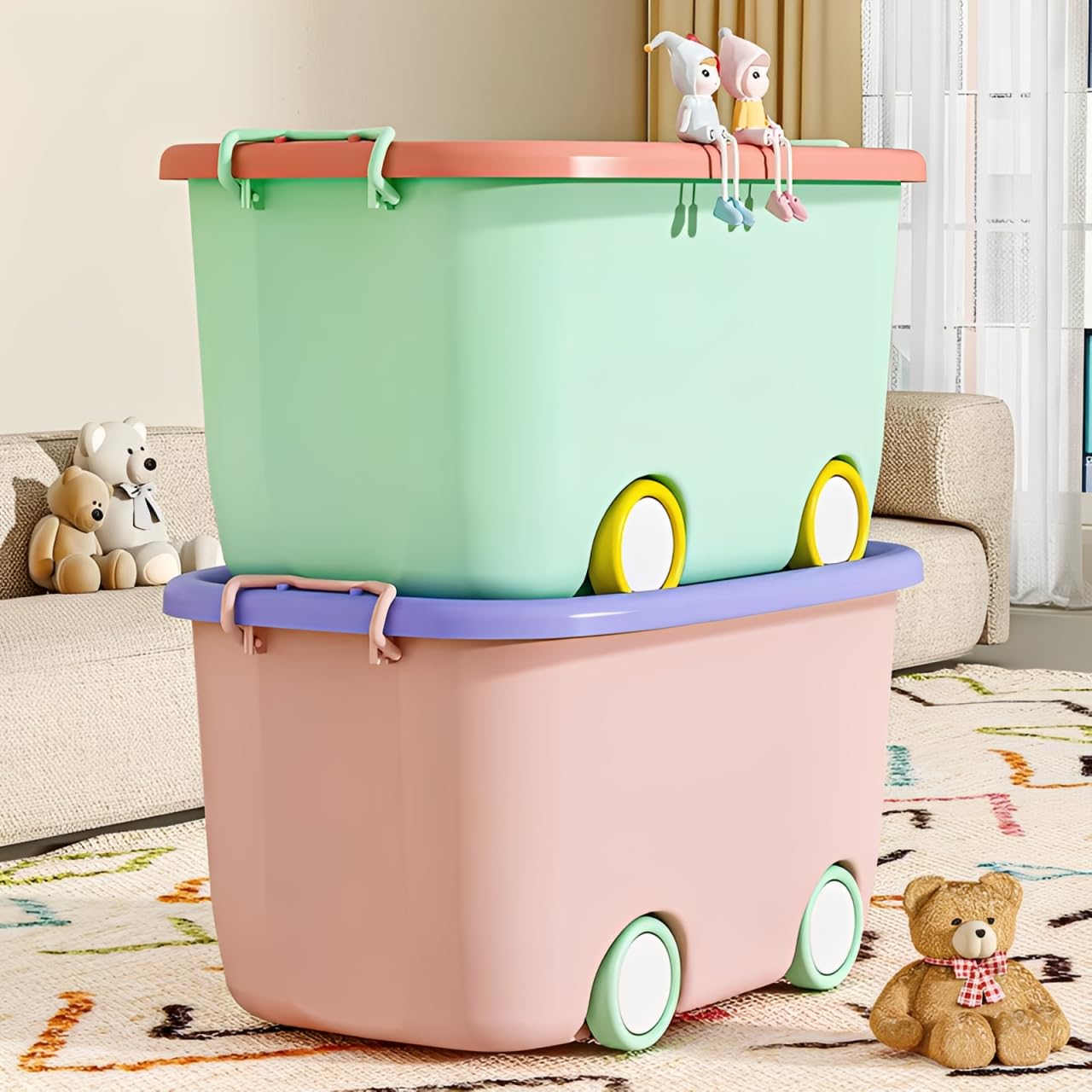 JD FRESH 25 Litre Rolling Toy Storage Box/Colorful Car-Shaped Kids Toy Storage Organizer/Large Size Plastic Storage Box with Wheels & Handle/Stackable Storage Container Box (Pack of 3, Multicolor)